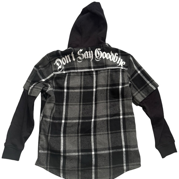 Pull&Bear 'Don't Say Goodbye' Hooded Flannel Jacket - Black/Gray Plaid - Size M - Picture 4 of 9